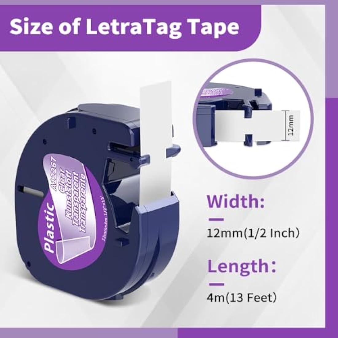 Wonfoucs Compatible with Dymo Label Plastic Tape for Dymo LetraTag Tape 12267 12mm x 4m Black on Transparent, LT-100H LT-100T LT-110T QX50 XR, 5 Pack