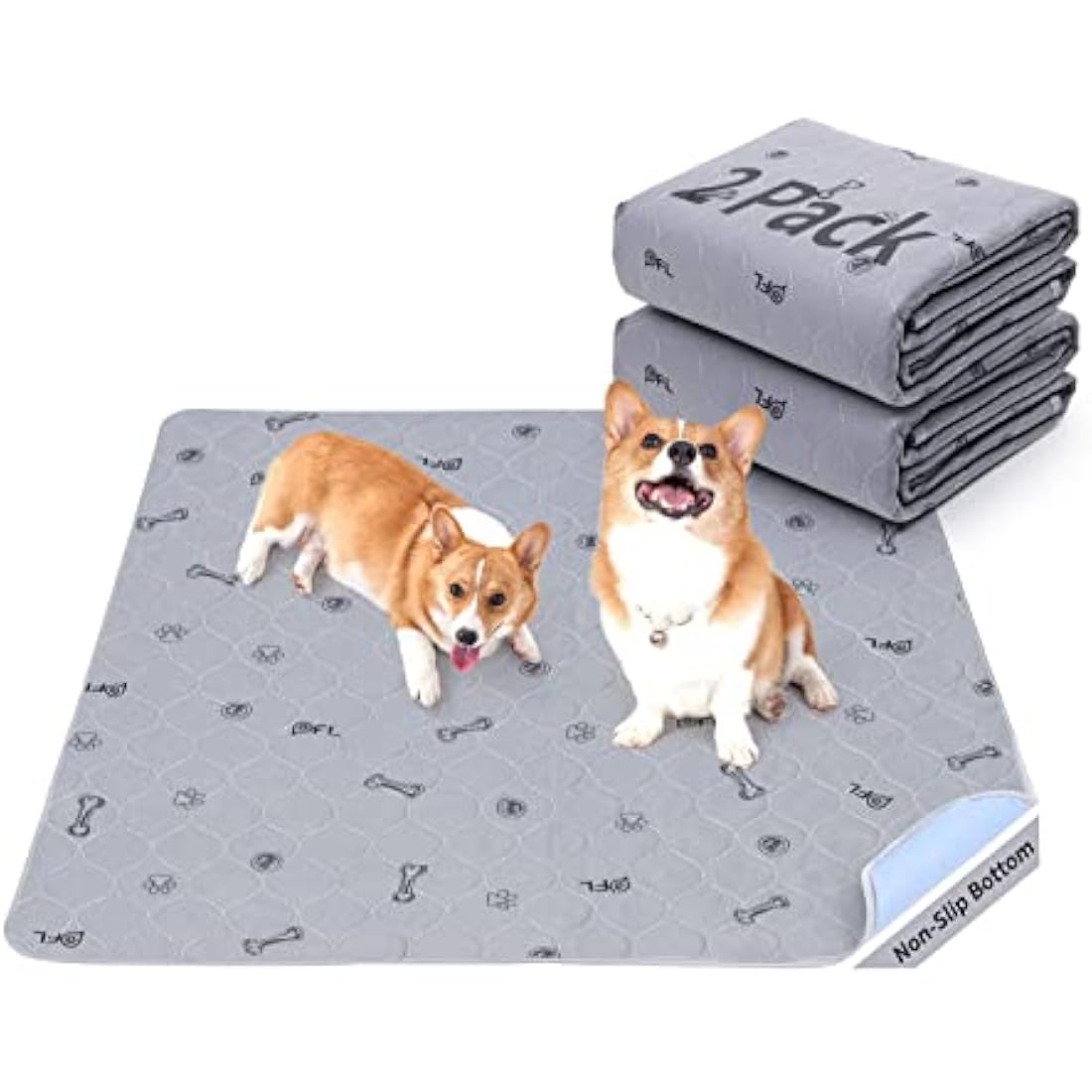 Washable Pee Pads for Dogs, 2Pack Puppy Pads Washable,Absorbent Reusable Whelping Pads Non-Slip Dog Mats with Bone Print for Floor Protector, Couch Cover, Crate, Potty Training -92x104CM