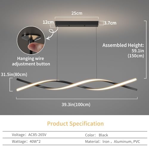 Mikeru 100CM Wave Pendant Light, Black Modern Chandelier Breakfast Bar Island Lighting 3000K/4500K/6000K 3 Color 10% to 100% Fully Dimmable Lamp for Dining Room, Kitchen