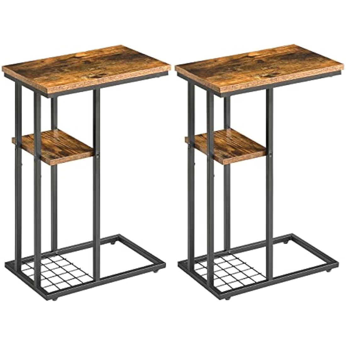 YMYNY C-Shaped End Table Set of 2, Side Table for Sofa and Bed, Coffee Table for Small Spaces, Living Room, Bedroom, Industrial Small Table with Storage Shelf and Metal Frame, Rustic Brown, HST004H-2