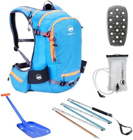 TerraWest Core Avalanche Kit,Ski Backpack Including Recco & Removable Back Protector, Hydration Bladder, Core Plus Shovel, Core 240 cm Quick Lock Probe, Backcountry Skiing, Snowboarding (Blue)
