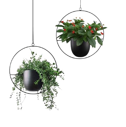 Funtabee 2-Pack Mid-century Modern Hanging Planter, Black Metal Wall Hanging Planter Indoor, Hanging Flower/Plant Pots, Metal Hanging Baskets/Plant
