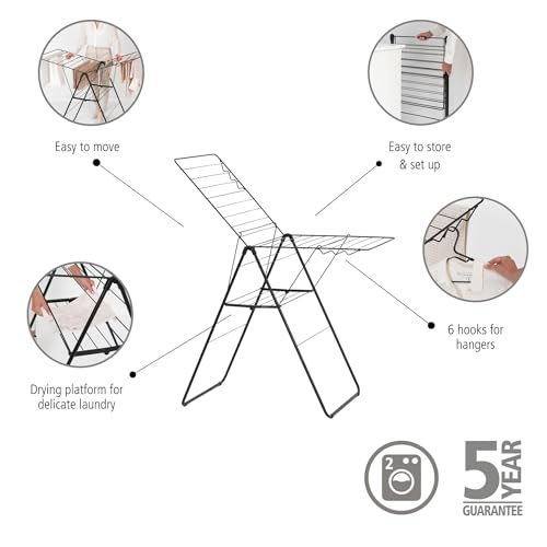 Brabantia HangOn Laundry Drying Rack (20m / Matt Black) Compact, Foldaway, Adjustable Indoor Stainless Steel Clothes Horse