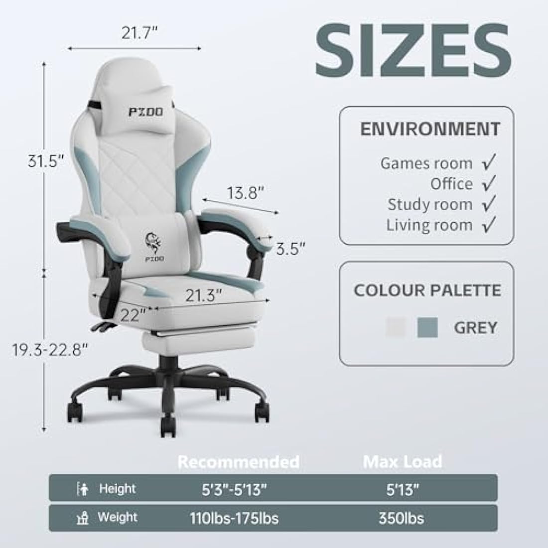 PZDO Office Chair Ergonomic Office Chair with Footrest, Ergonomic Chairs for Adults, Gaming Desk Chairs with Technology Fabric, Reclining Chaise de Bureau, Gift, Teens, (Gray)