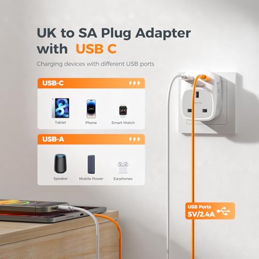 UK to South Africa Plug Adapter 2 Pack, TESSAN 3 in 1 Travel Adapter with 2 USB(1 USB C), South Africa Travel Plug for Namibia, Swaziland (Type M)