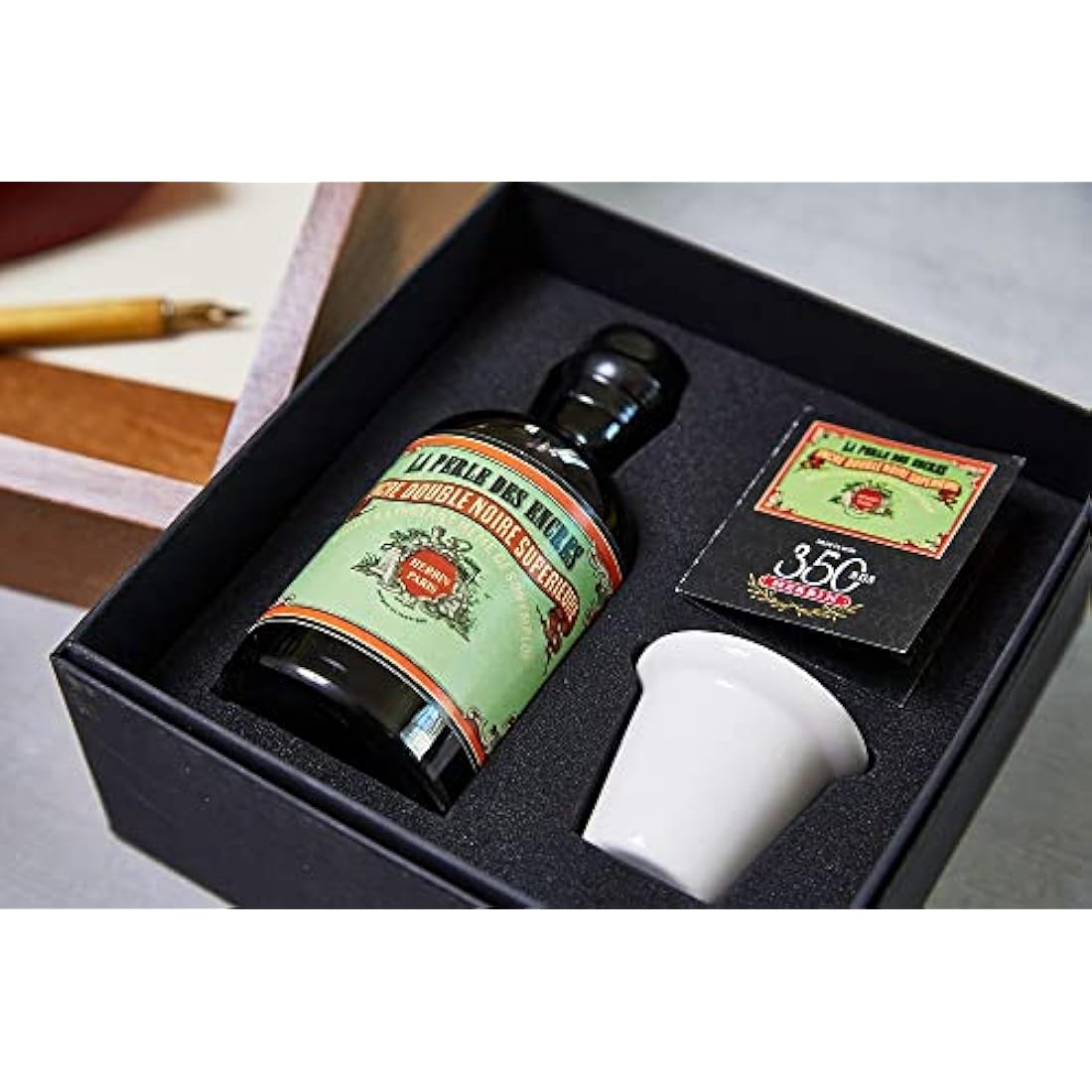 Jacques Herbin - Ref 27909T - 100ml Bottle of 'Special 350 Years' Ink with Inkwell Box & Porcelain Inkwell - Perle Noire / Black Pearl - Black-Coloured Ink