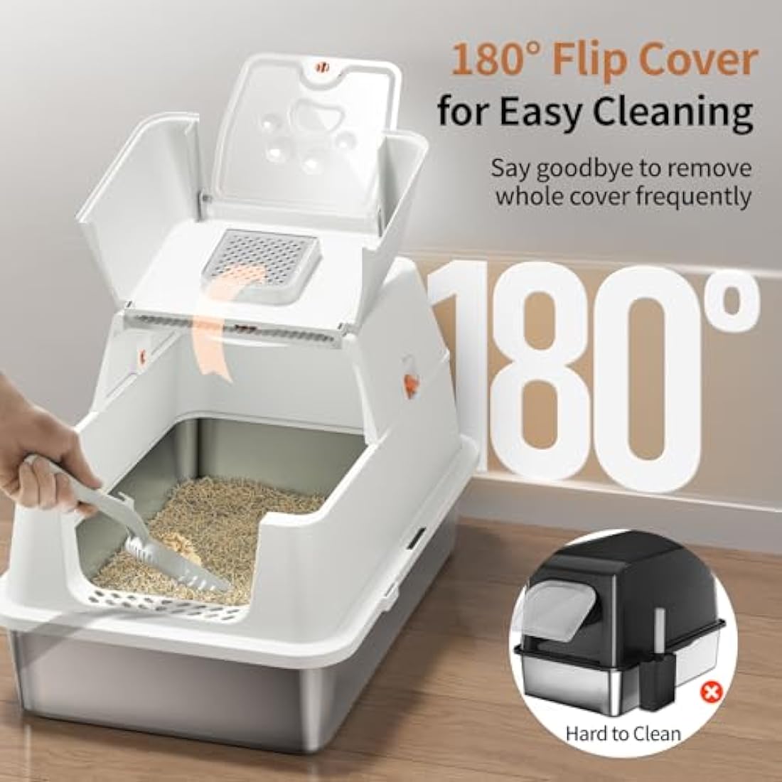 Stainless Steel Cat Litter Tray with Lip, Large Enclosed Litter Box, Cat Litter Box Tray for Medium Large Cats, Easy Clean, Odor Control, 180° Flip-Top - White