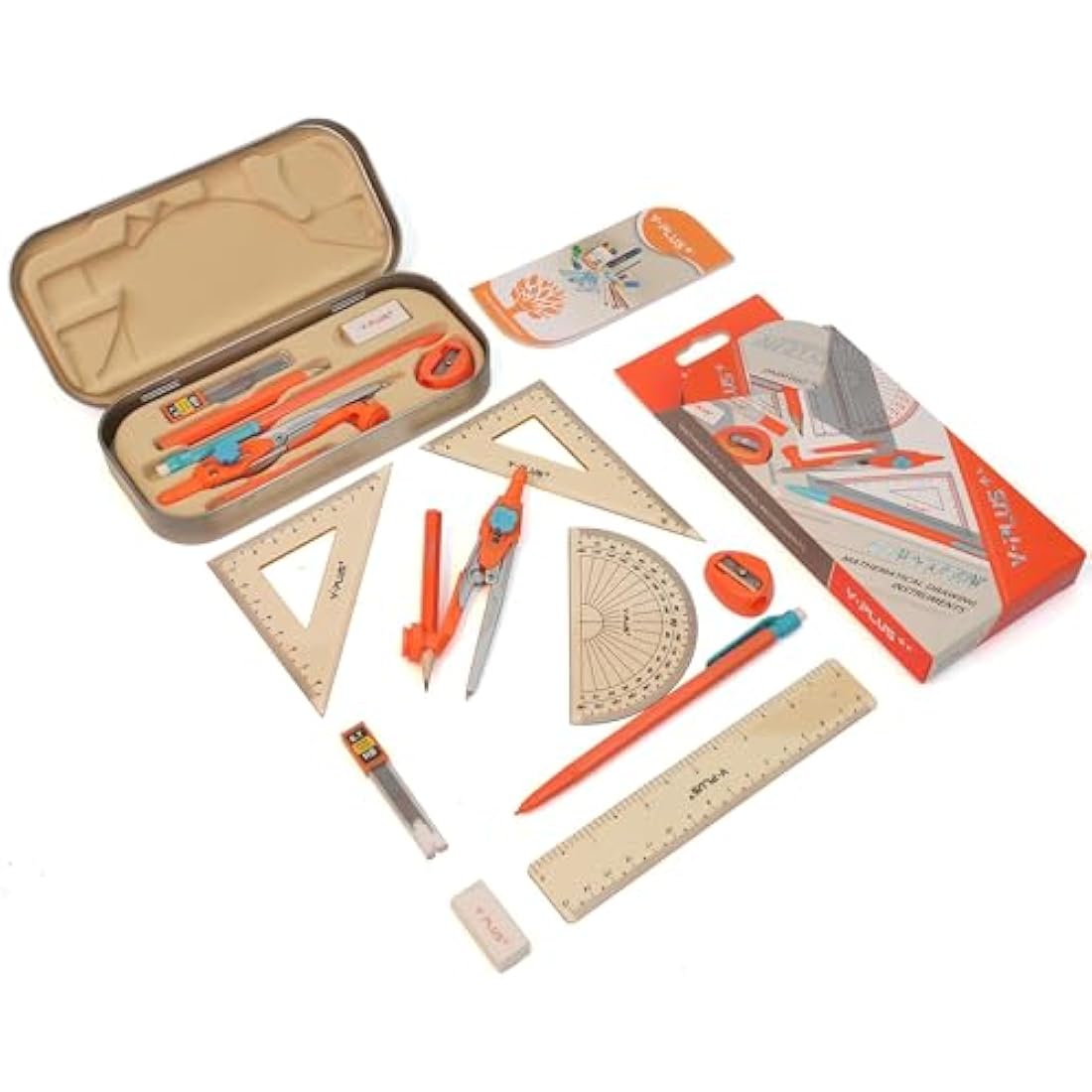 YPLUS Geometry Set for Students, Math Protractor Compass with Rulers, Box of Protactor Kit for Class Supplies and School, 12 Pcs