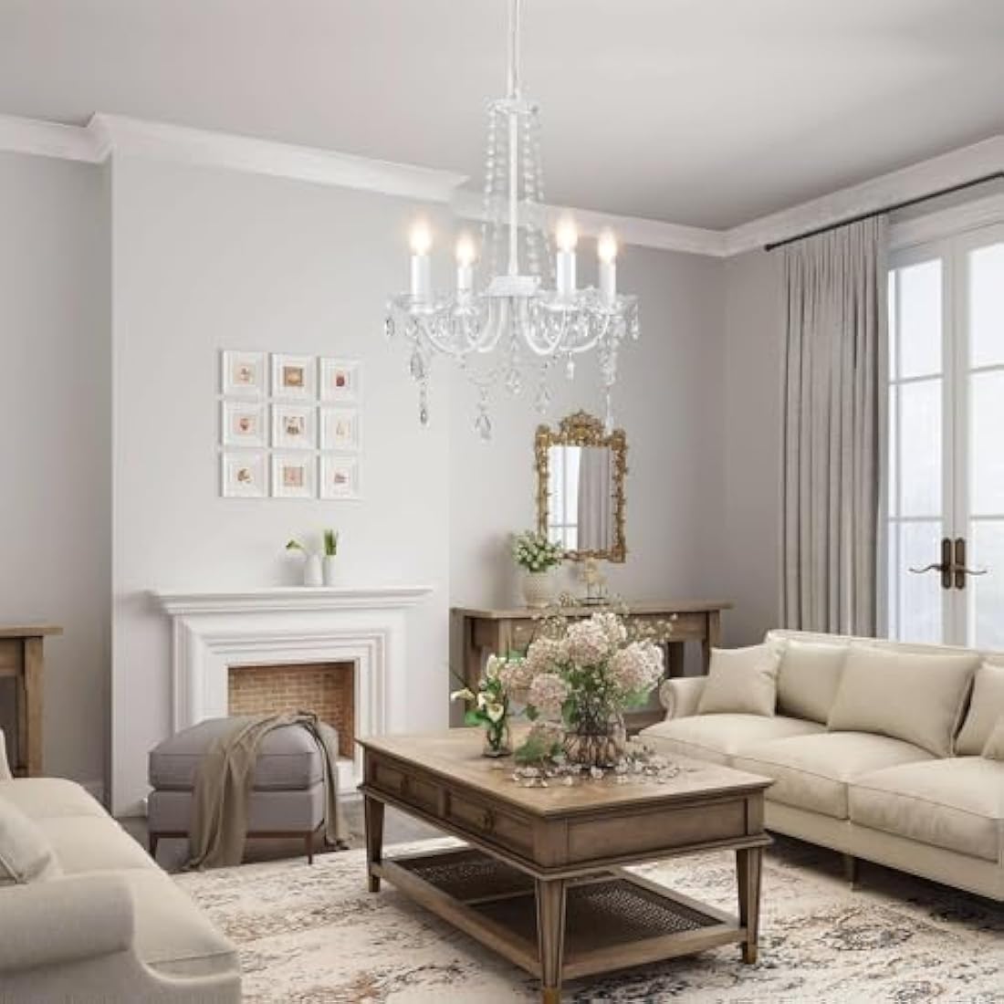 QAREHL Crystal Chandelier, 4 Lights Chandeliers Ceiling Light Modern Dining Room Lights Ceiling for Living Room, White Chandelier for Bedroom, Kitchen, Hallway, E14 Socket