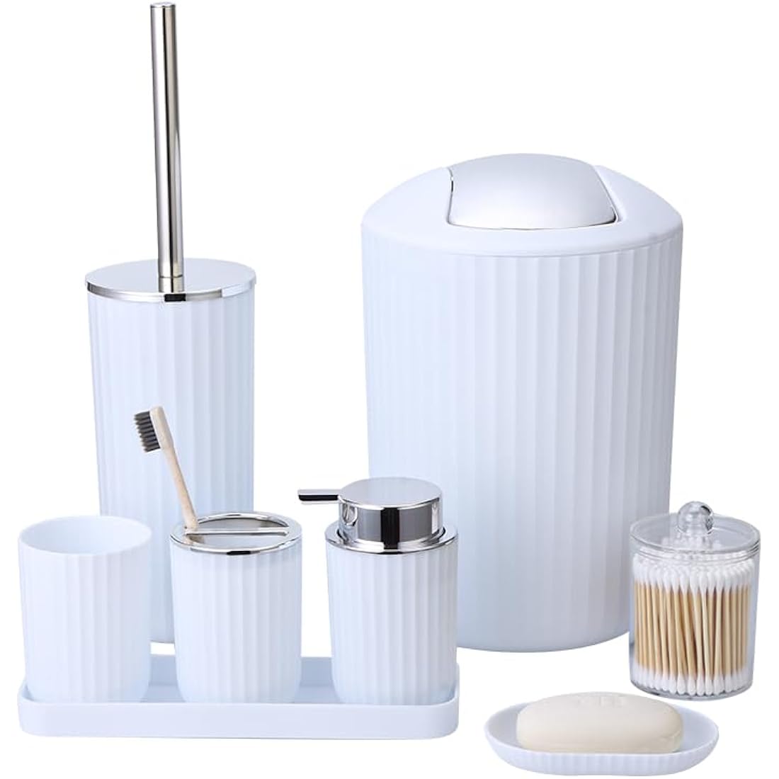 FEILANDUO Bathroom Accessories Sets Complete, 8 Pcs Bathroom Accessory Set with Trash Can, Soap Dispenser, Soap Dish, Toothbrush Holder, Toothbrush Cup, Toilet Brush and Qtip Holders,Vanity Tray White