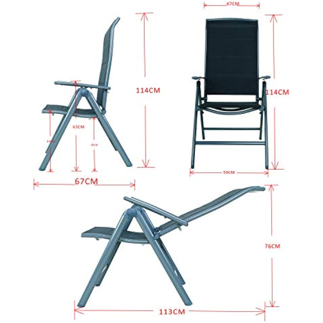 Chicreat Upholstered Folding High-Back Chair, Dark Grey/Black, Aluminium