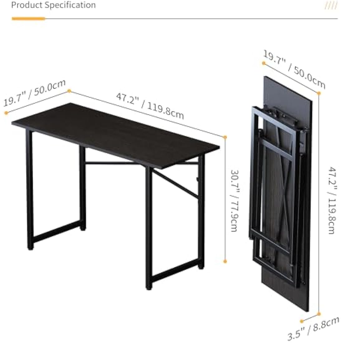 Lutown-Teen Folding Computer Desk 120 cm, Writing Gaming Computer Camping Table, No Assembly Required Home Office Desk, Black