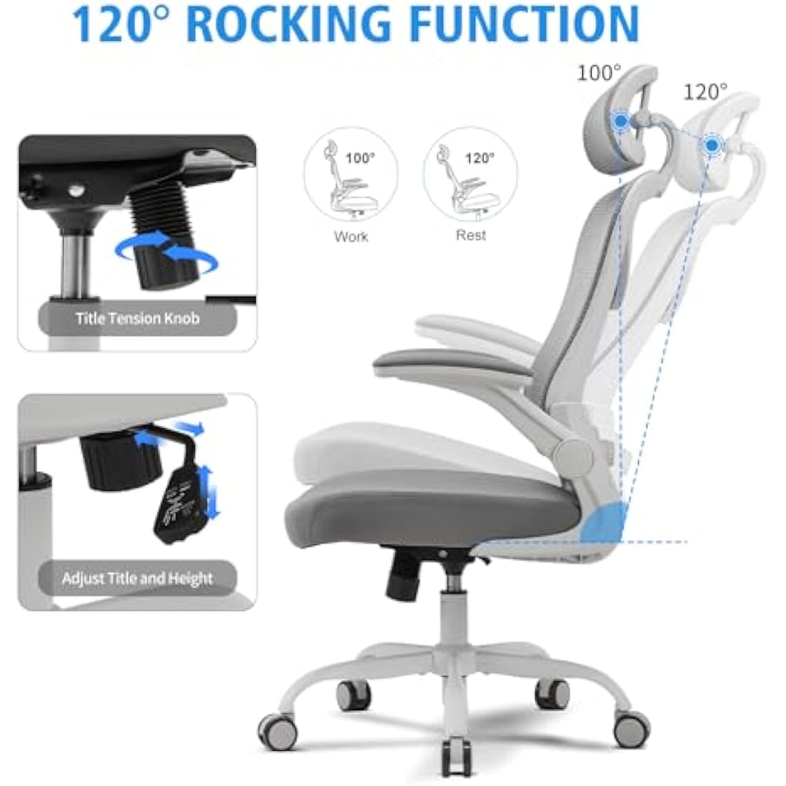 Magic Life Office Chair, Adjustable Desk Chair with Flip-up Armrest, Rebound Seat Cushion, Breathable Mesh High Back, Comfortable Lumbar Support, Movable Headrest 360° Rotation, White