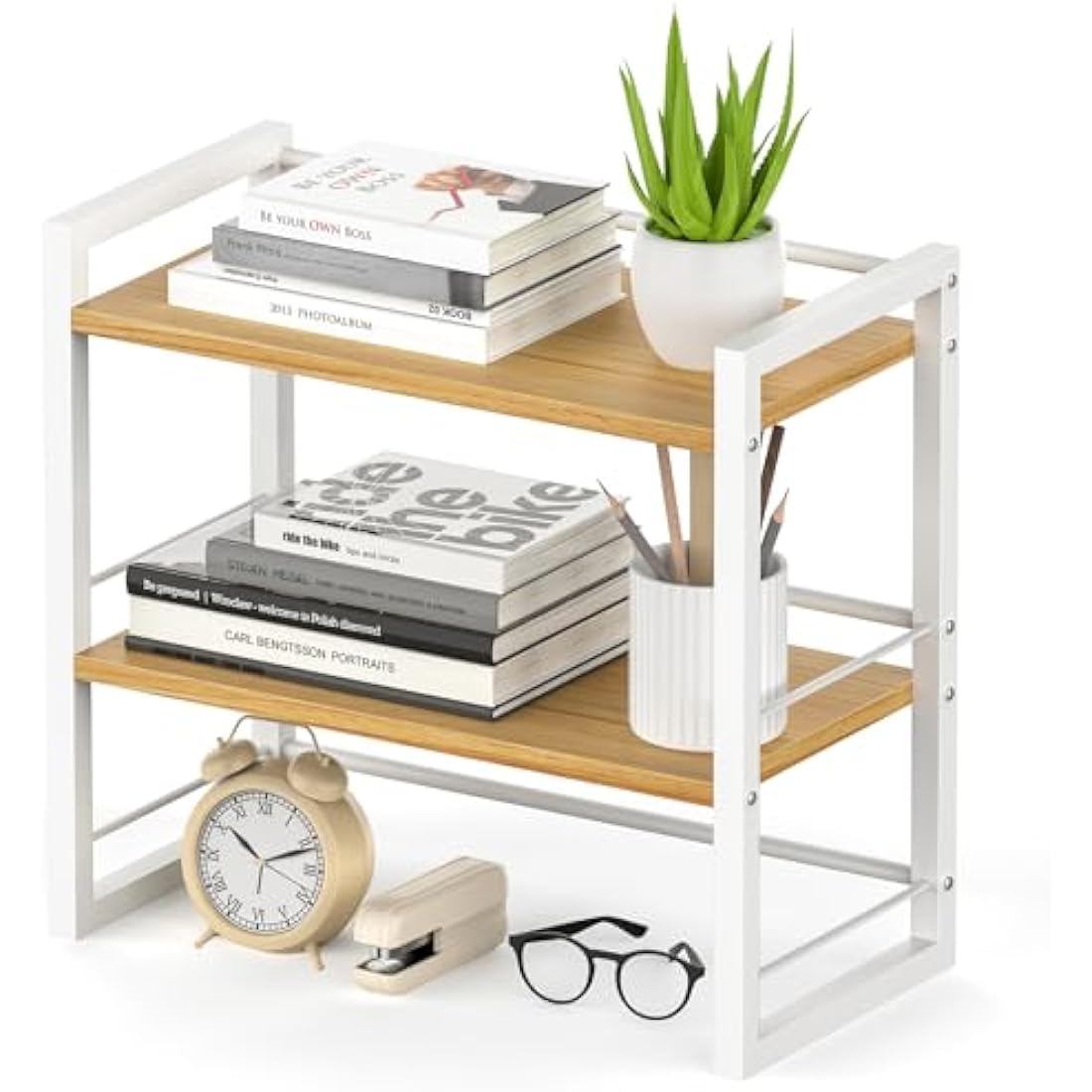 THYGIFTREE Office Desk Shelf Organizer, Wood Desktop Bookshelf Supplies Storage Rack, Shelf for Top of Desk and Dresser (WHITE)