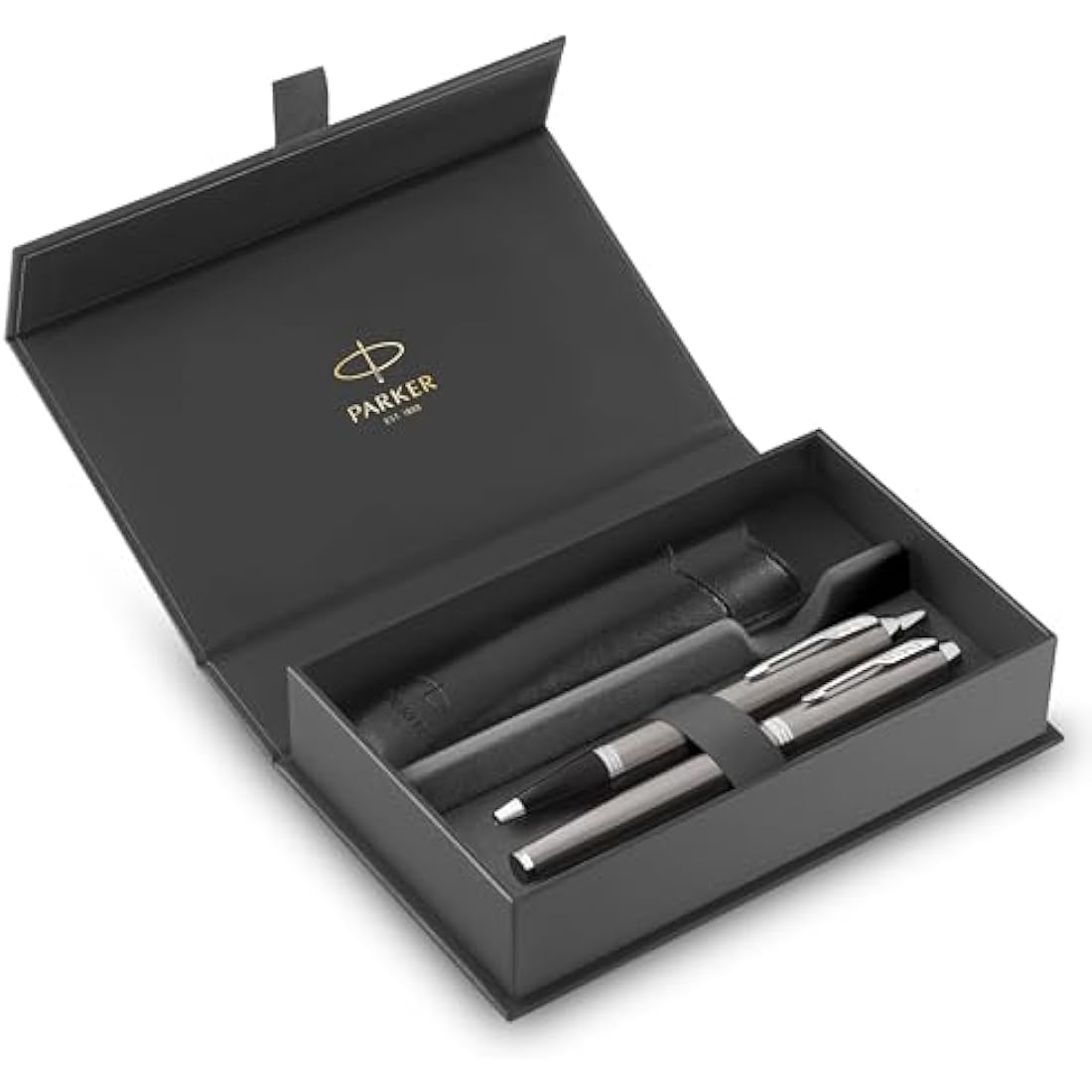 Parker IM Duo Pen Gift Set | Fountain Pen, Ballpoint Pen & Pen Pouch | Stainless Steel Finish with Chrome Trims | Medium Tip | Blue Ink Refills | Perfect Graduation Gifts