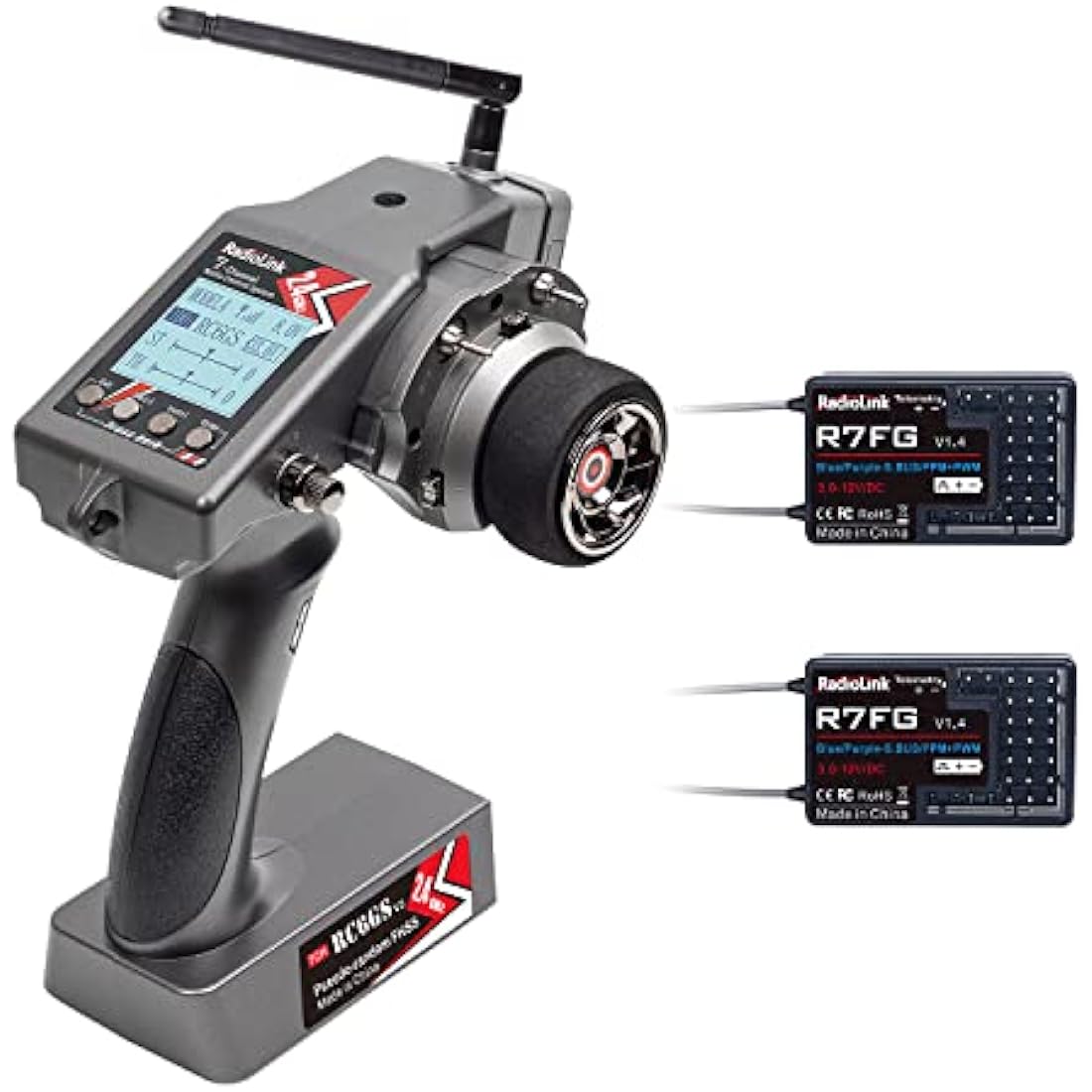 Radiolink RC6GS V3 7 Channels 2.4GHz RC Transmitter with 2 Pcs Gyro Receivers R7FG Kit for RC Car Crawler,30 Models Storage,2.4Ghz 600M Remote Controller Receiver for RC Truck Buggy Tank Drifting Boat