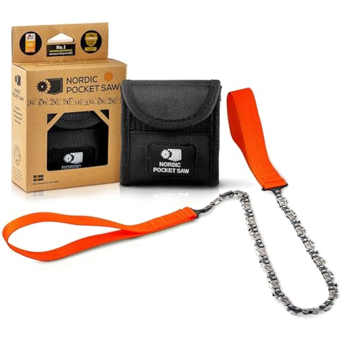 Nordic Pocket Saw for Camping - 65 cm Pocket Chainsaw with 33 Bi-Directional Teeth - Handy Backpacking Saw with Extra Large Nylon Handle Loops - Survival Chainsaw for Clearing Trails