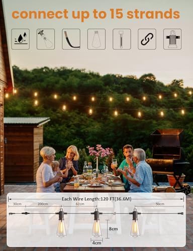 ZOTOYI 120FT IP65 Outdoor String Lights Mains Powered Garden Festoon Lights with 55+3 Shatterproof ST38 Plastic LED Edison Bulbs IP65 Waterproof for Indoor Outdoor Dimming Support, 2700K Warm White