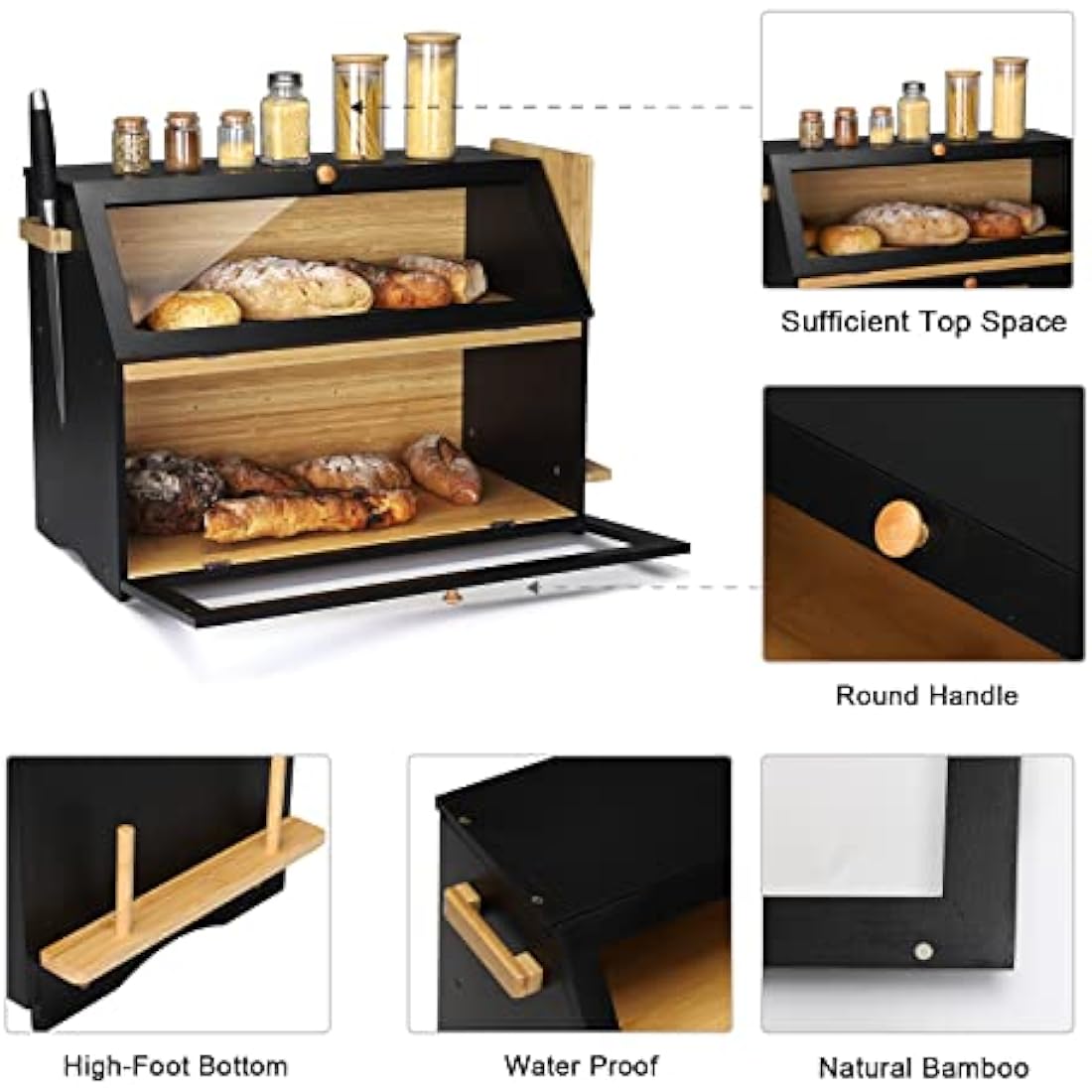 Leader Accessories Double Decker Bamboo Bread Bin 2-Layer Bread Box Large Capacity Bread Storage for Kitchen 19.7"x9.8"x14.5" Black