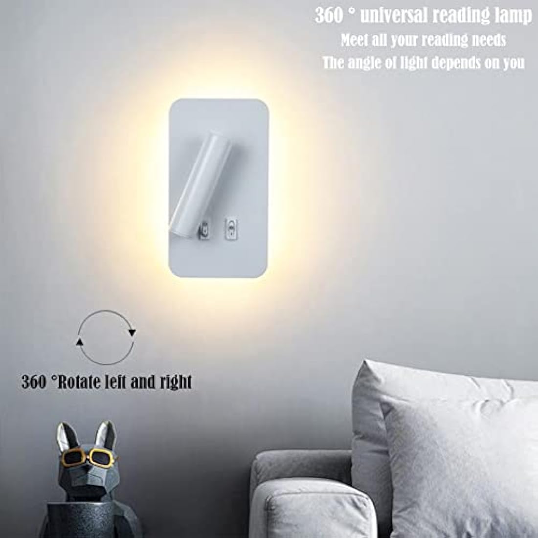 uksunvi LED Wall Mounted Lamp,Bedside Reading Wall Light,12W LED Wall Lamp, Adjustable Spotlight （3W +9W 3000K Warm Light） (White Rectangle)
