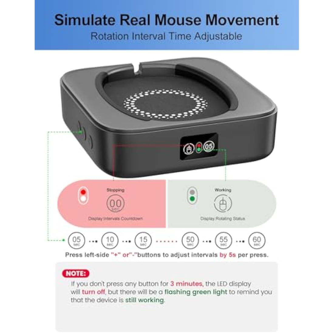 meatanty Undetectable Mouse Mover Usb Physical Jiggler,with LED Display and ON/OFF Switch, Running Frequency Adjustable, Keeps PC Laptop Active