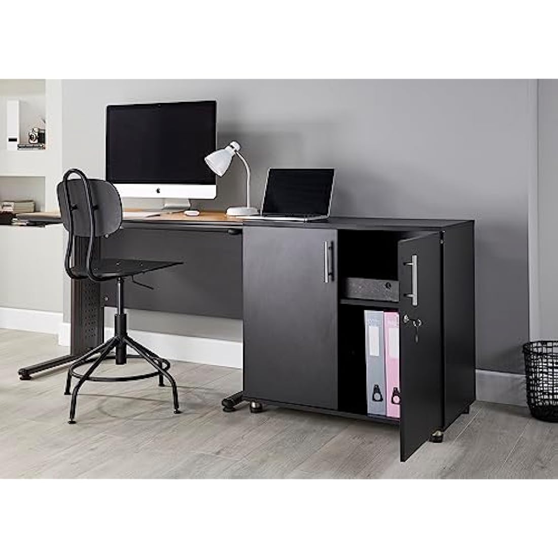 MMT Furniture Designs Ltd Black Storage Cabinet Cupboard Desk Height 2 Door Bookcase with Lock 75cm Tall Desktop Extension Height