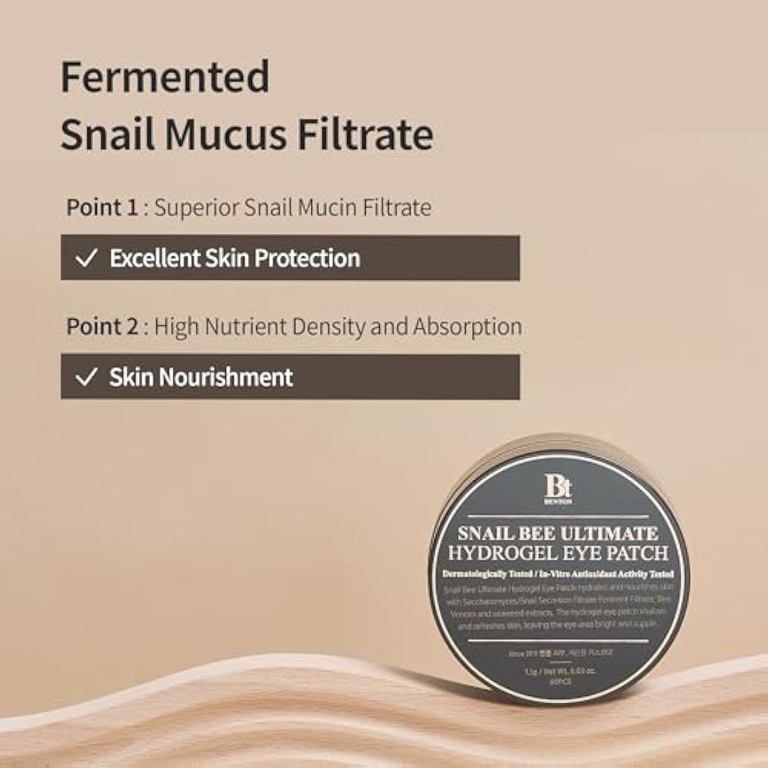BENTON Snail Bee Ultimate Hydrogel Eye Patch 60pcs - Snail Secretion Filtrate & Seaweeds Extract Contained Nourishing & Hydrating Eye and Wrinkle Areas Patches, Soothing and Cooling