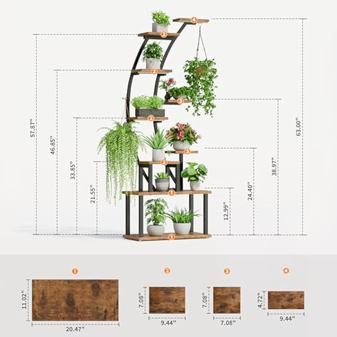 BACEKOLL Plant Stand Indoor With Grow Lights - 9 Tiered Metal Shelf, 63" Tall for Multiple Plants, Large Display Rack, Corner Holder for Living Room, Patio