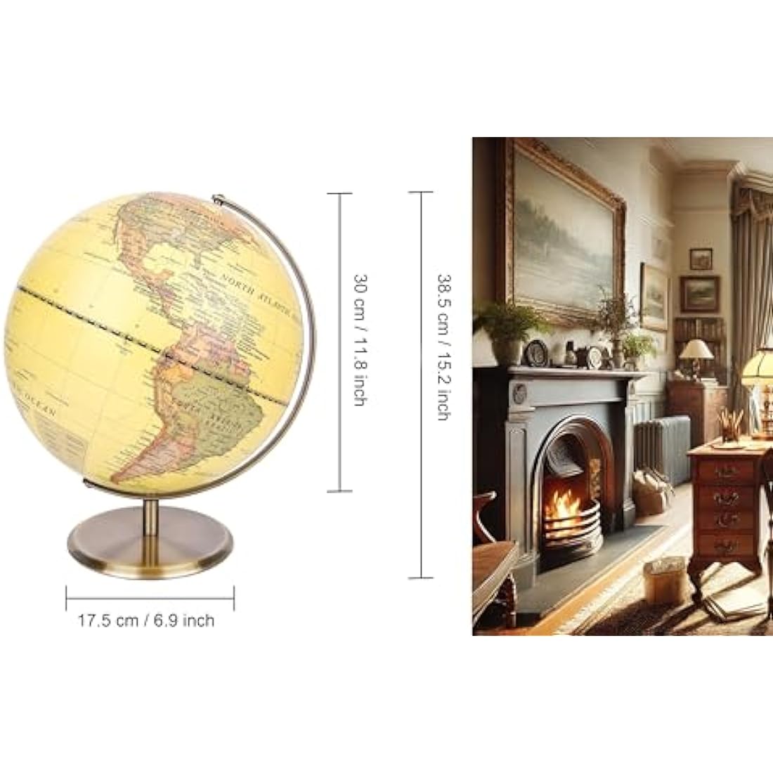 Exerz 30cm World Globe Antique Metal Arc and Base Bronzed colour, Large Rotating Earth Globe, Educational/Geographic, Modern Map in Vintage Colour