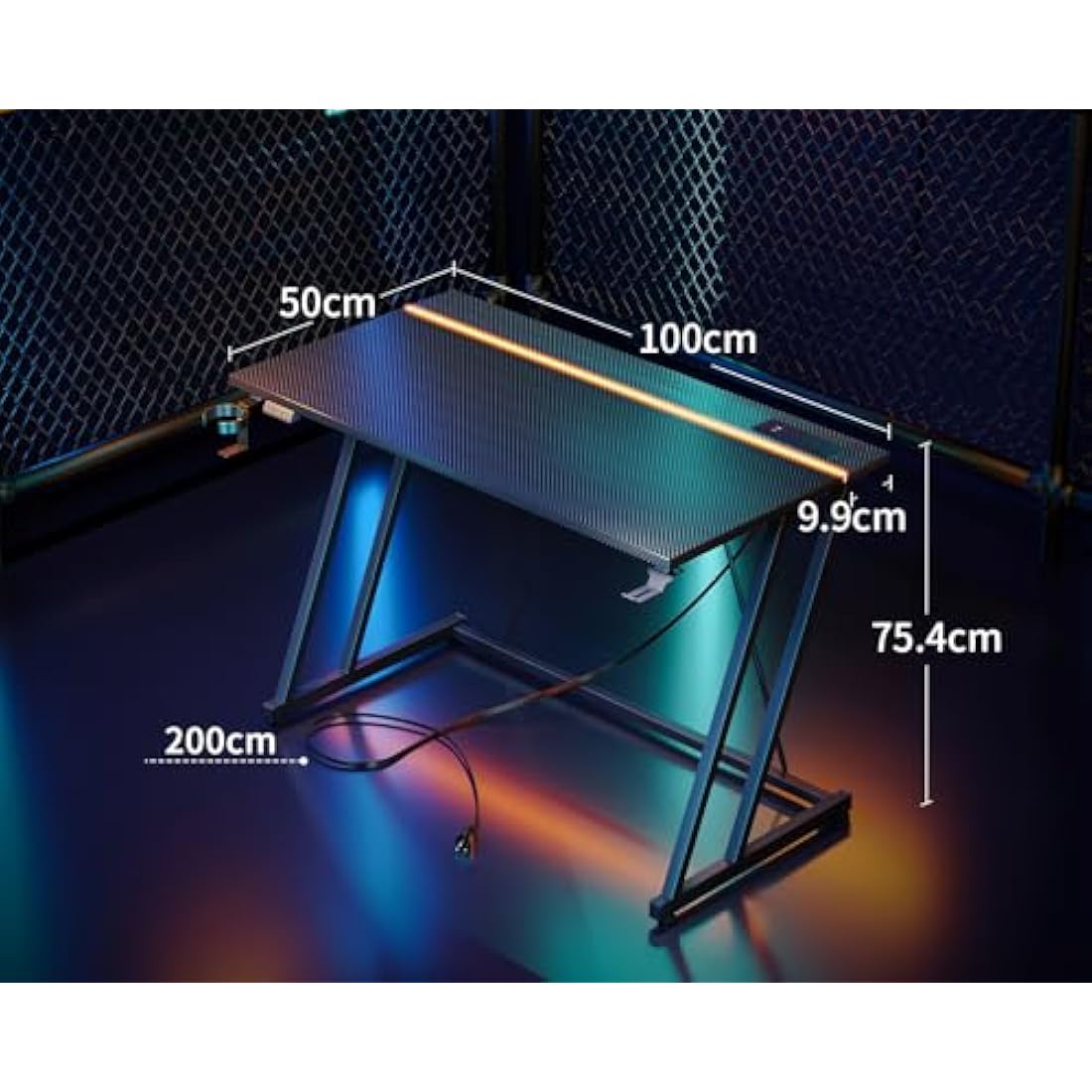 ODK Gaming Desk with LED Lights & Power Outlet, Gaming Table with Cup Holder and Headphone Hook, Double Z Frame Design Computer Desk, Carbon Fiber Black 100 cm