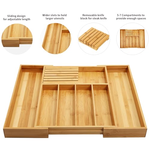 VaeFae Bamboo Cutlery Organiser for Kitchen, Wooden Utensil Drawer Organiser, Expandable Cutlery Tray and Utensil Holder