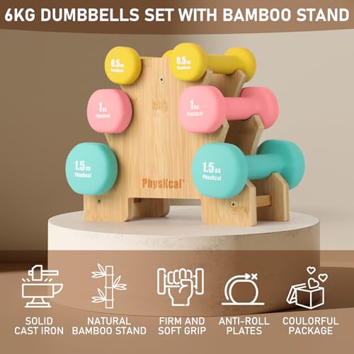 PhysKcal Dumbbells Set with Stand, Hand Weights for Beginners with Storage Rack, 2 x 0.5kg, 2 x 1kg, 2 x 1.5kg, Strength Training Fitness Home Workout