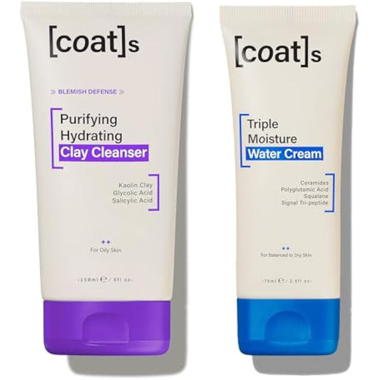 Coats Daily Blemish Defence Duo for Oily Skin – Purifying Hydrating Clay Cleanser 150 ml + Triple Moisture Water Cream 75 ml – Helps Prevent Breakouts + Protect the Skin Barrier