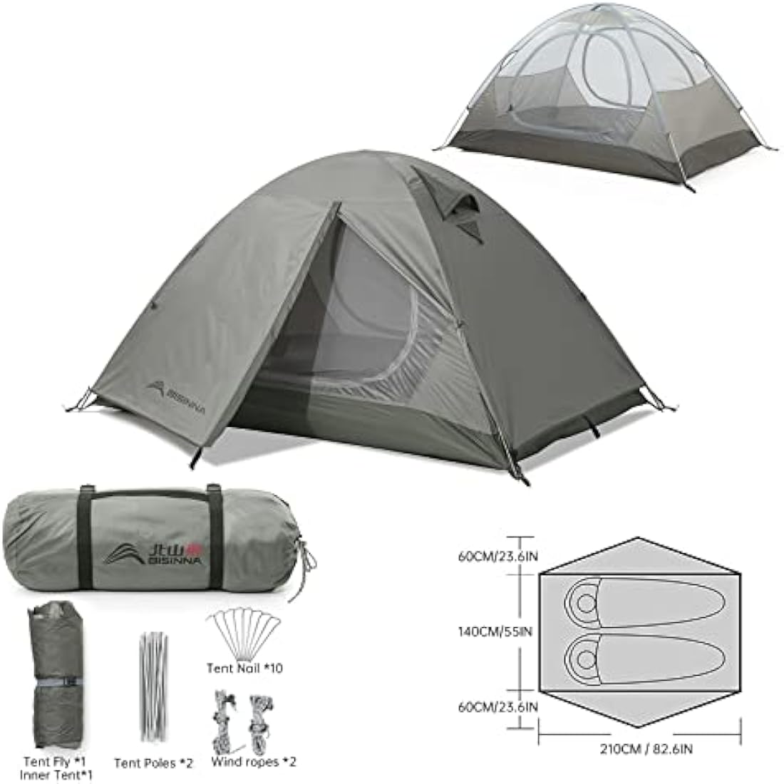 BISINNA 2 Man Camping Tent Waterproof Windproof Two Doors Lightweight Backpacking Tent Easy Setup Double Layer Outdoor Tent for Family Camping Hunting Hiking Mountaineering Travel