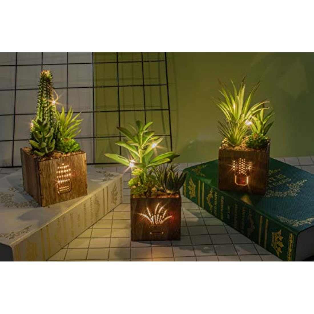BEGONDIS Set of 3 Artificial Succulents with Led Lights in Wooden Box, Artificial Plants Plastic Fake Topiary for Home/Office Decorations, Table Centerpiece, Valentine's Day