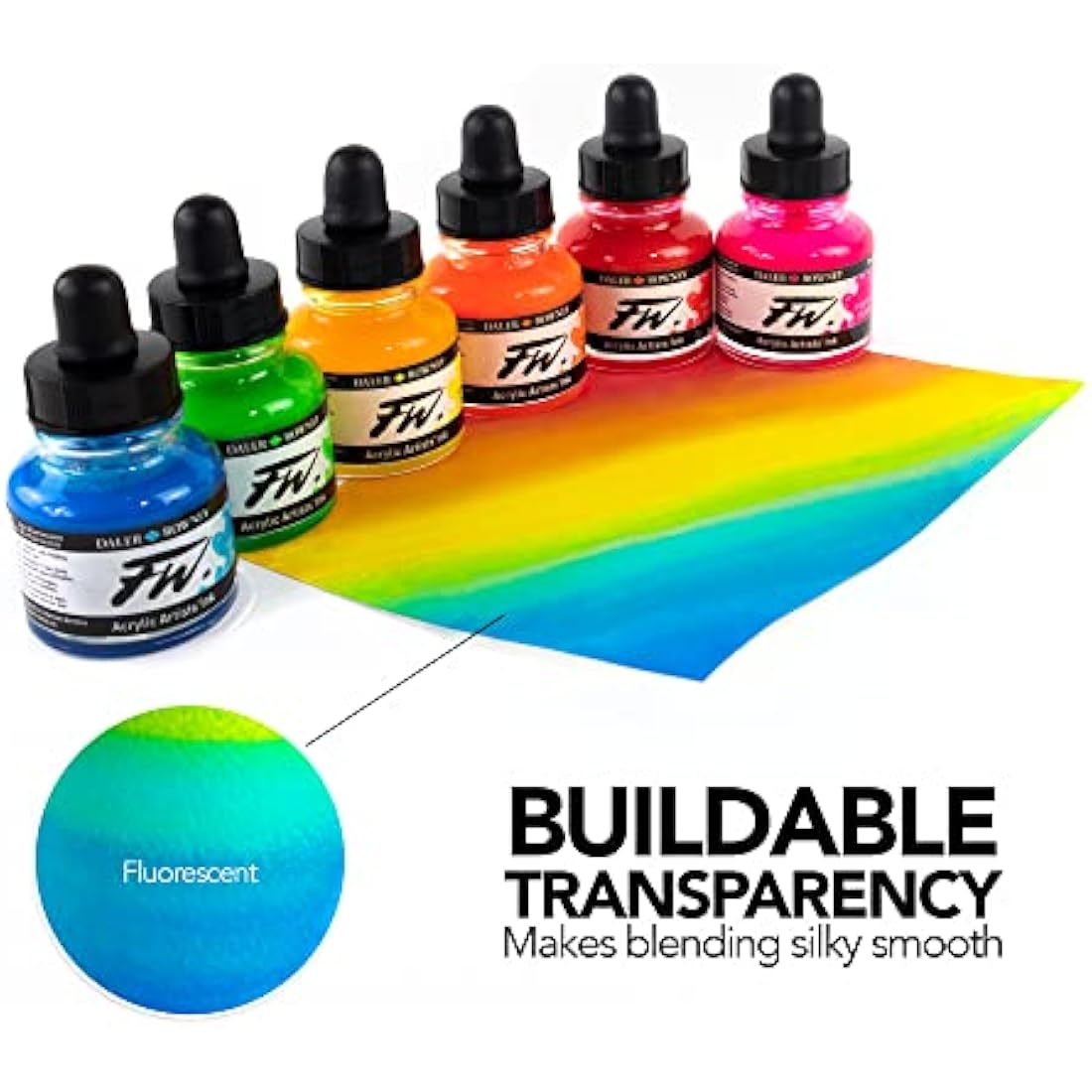 Daler-Rowney FW Neon Ink Set, 6 x 29.5ml Bottles & 1 FW Mixed Media Marker, Acrylic Based Ink, Assorted Colours, For Professional Artists & Students