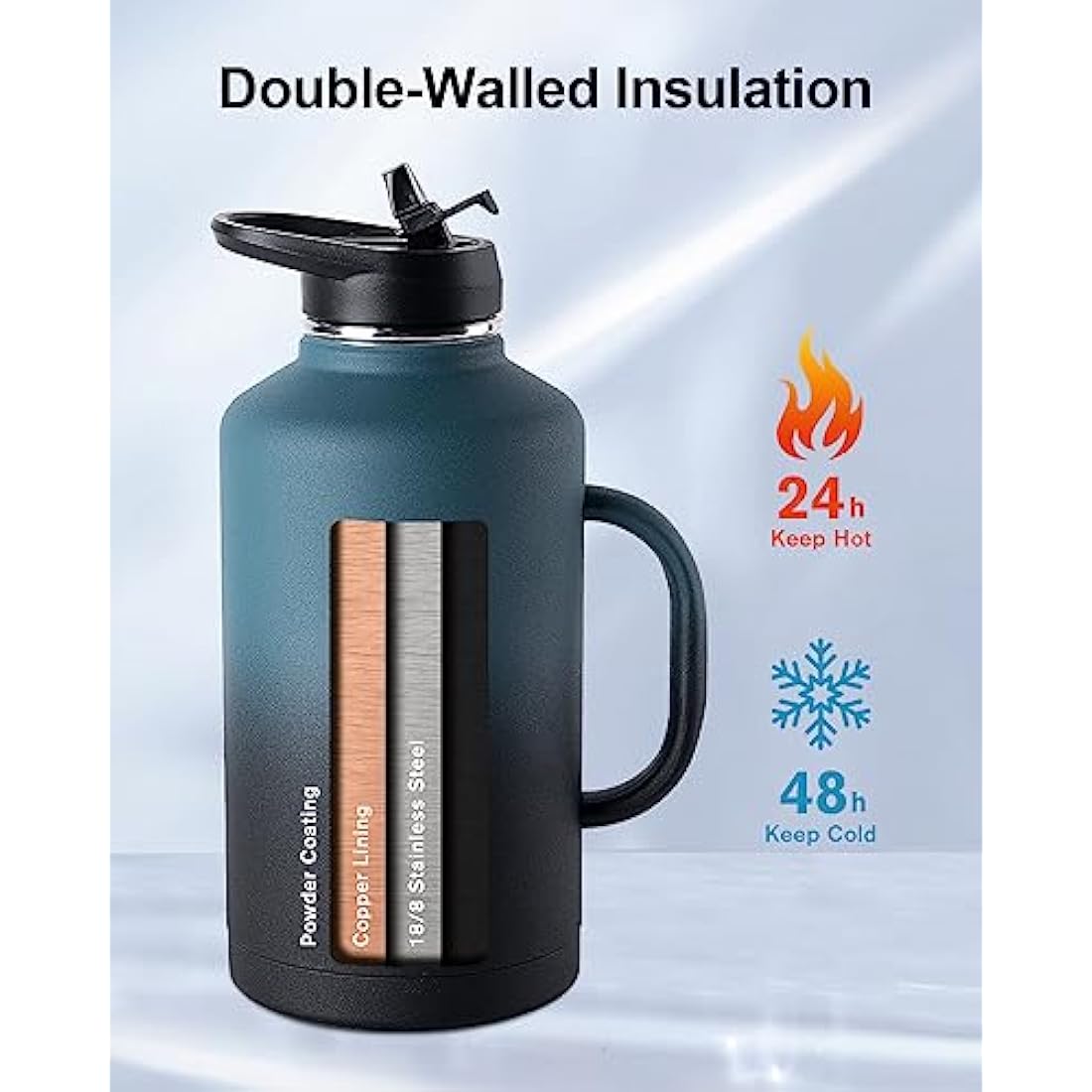Trebo Insulated Water Bottle 2L, Metal Bottle with Handle Stainless Steel Metal Large Jug Travel Flask with Straw Spout Lid Mug Tumbler Cup with Carry Pouch Keep Cold Hot, Indigo Black