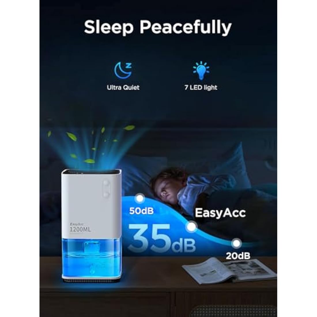 EasyAcc® 1200ml Electric Dehumidifier with Ultra Quiet & Auto Shut off 7 Colorful LED Portable Mini Dehumidifier for Wardrobe, Bathroom, Closet, RV, Bedroom, Garage - White