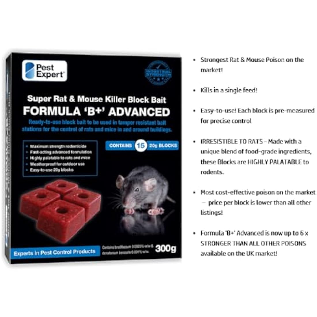 Pest Expert Rat/Mouse Killer Poison Bait Blocks (300g - 15 Blocks) Single Feed Fast-Acting Rat Poisoning Super Strength for Indoor/Outdoor Use & Heavy-Duty Rat Bait Box Station for Safe Control