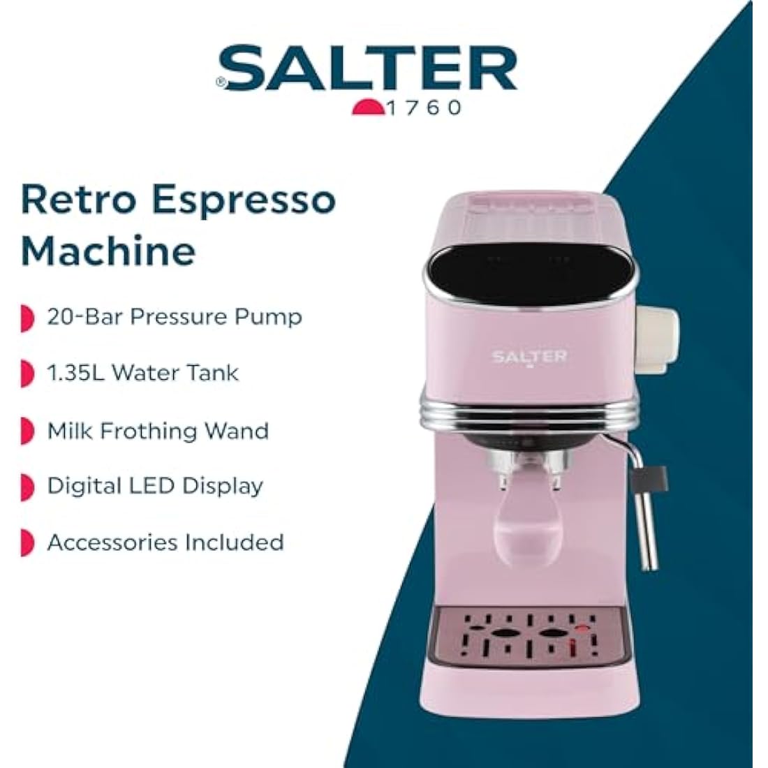 Salter Retro Espresso Machine – Pink Coffee Machine with Milk Frothing Wand, Cappuccino/Latte, 20-Bar Pressure Pump, 1.35L Water Tank, Ground Coffee, Single/Double Shot, Digital LED Display, 1350W