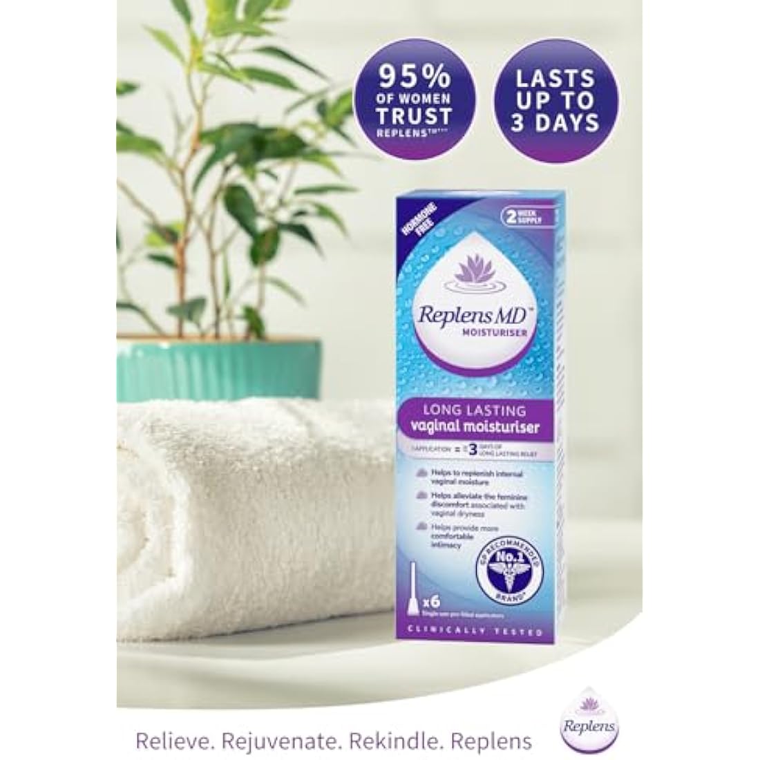 Replens Long Lasting Vaginal Moisturiser, Up to 3 days of long-lasting relief from vaginal dryness, Relieves Discomfort, Hormone Free, Clinically Tested, Pack of 6 Pre-Filled Applicators