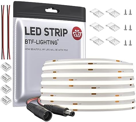 BTF-LIGHTING FCOB COB LED Strip Natural White 4000K Flexible High Density Uniform Light Dimmable LED Strip CRI90+ 10M 336LEDs DC24V 8W/m 8mm Bendable FOB LED Ribbon for DIY Indoor Lighting Project