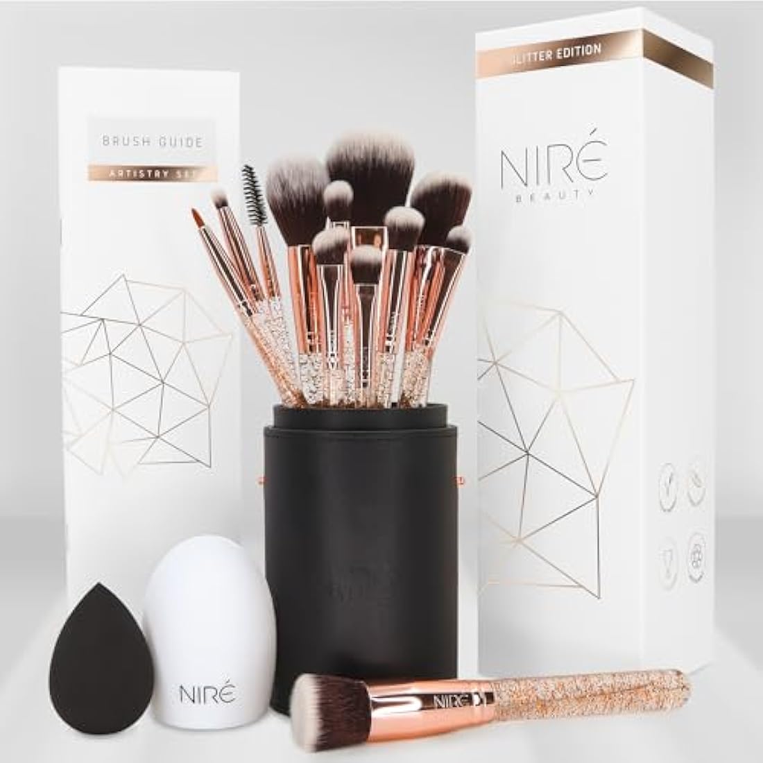 Niré Beauty 15piece Award Winning Glitter Makeup Brushes: Cute Makeup Brushes Set with Case, Blending Sponge, Cleaner, Guide, Gift Box