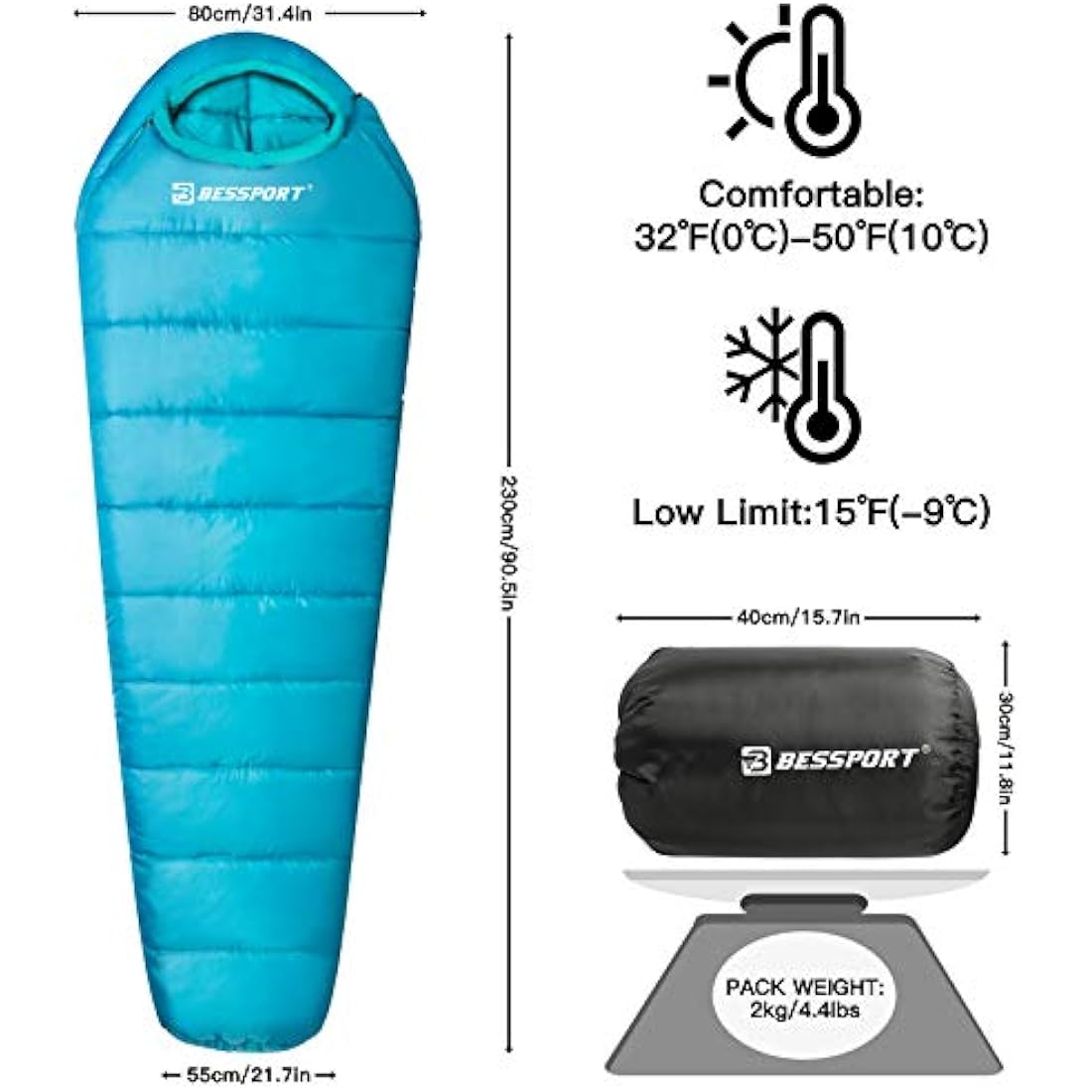 Bessport Sleeping Bag, 4 Seasons 0°C Sleeping Bag, Small Pack Size & Ultralight Outdoor Sleeping Bag, Mummy Sleeping Bag for Camping, Travel, Outdoor and Tent