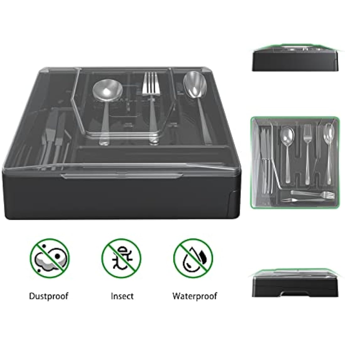 WURDON Double Layer Flatware Organizer with Lid, Cutlery Tray for Countertop Silverware Tray for Kitchen Drawers with 2 Tier Utensil Holder and 9 Compartments Silverware Storage Bin (Black)