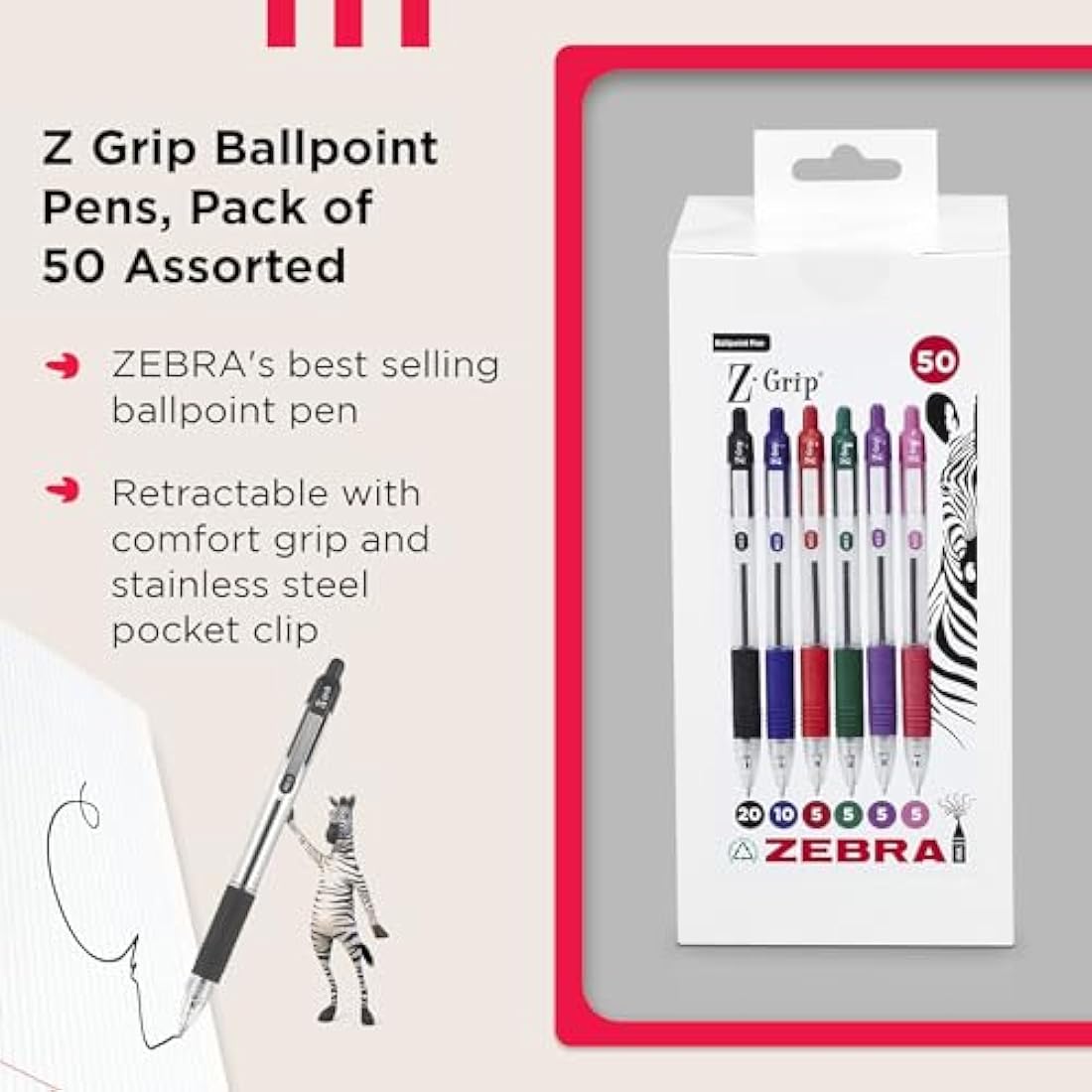 ZEBRA Z GRIP Assorted Ballpoint Pens, Retractable with Smooth Ink, Comfortable Grip and Pocket Clip Reliable Biro Medium Point 50 Pack 5 Assorted Colours