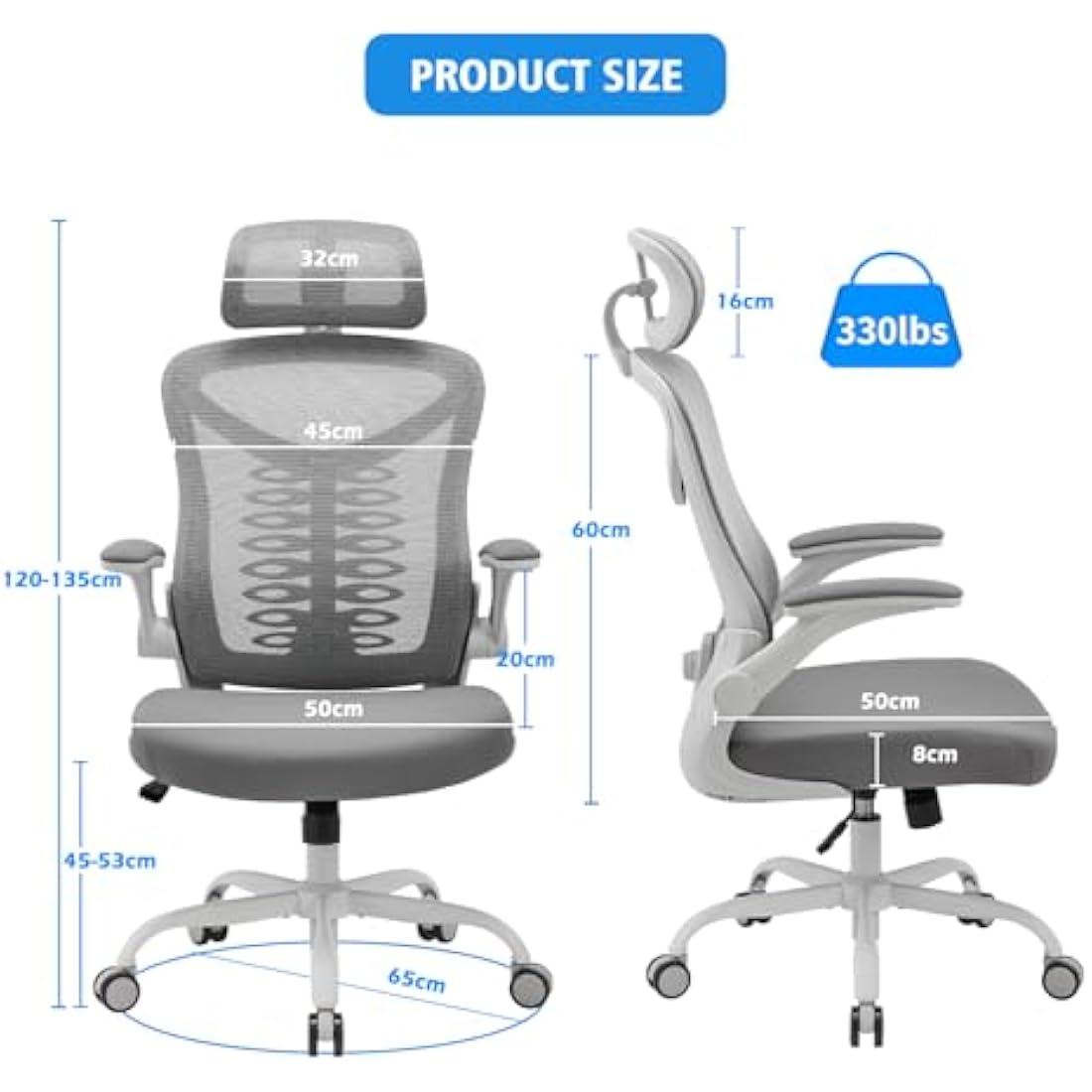 Magic Life Office Chair, Adjustable Desk Chair with Flip-up Armrest, Rebound Seat Cushion, Breathable Mesh High Back, Comfortable Lumbar Support, Movable Headrest 360° Rotation, White