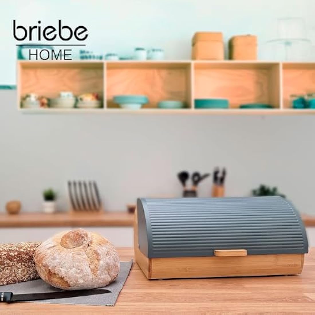 briebe Nordic Bread Box for Storage of Table Bread Bamboo Wood, Sliding Lid, Bread Box for Storage Bread and Pastries, Modern Nordic Design, Grey