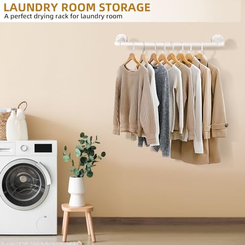 Yawinhe Industrial Pipe Clothes Rack, 80cm Wall Mounted Clothes Rail, Heavy Duty Detachable Wardrobe Rail for Laundry, Living Room, White, 2 Pack