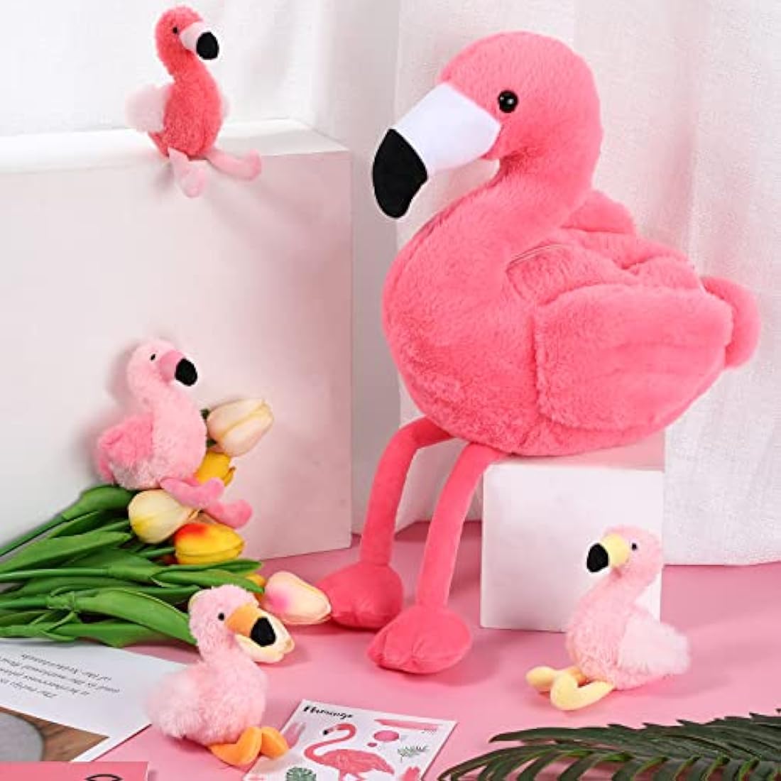 Skylety 18 Inches Flamingo Stuffed Animal with 4 Babies Plush Toys Inside Zippered Tummy Pink Mommy Flamingo Toy Stuffed Animals for Birthday Party Decoration